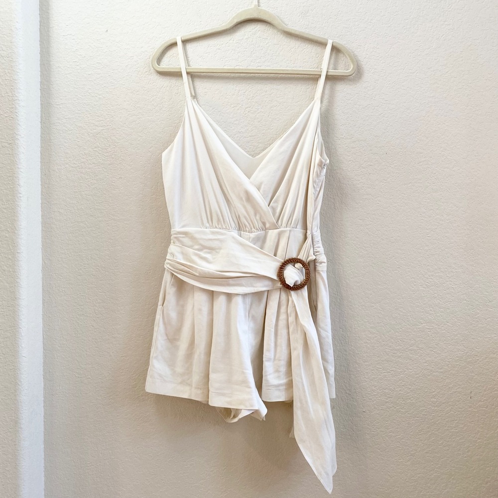 Ramy Brook Ivory Wrap Belted Romper Shorts V Neck Linen Blend Women's Size M‎